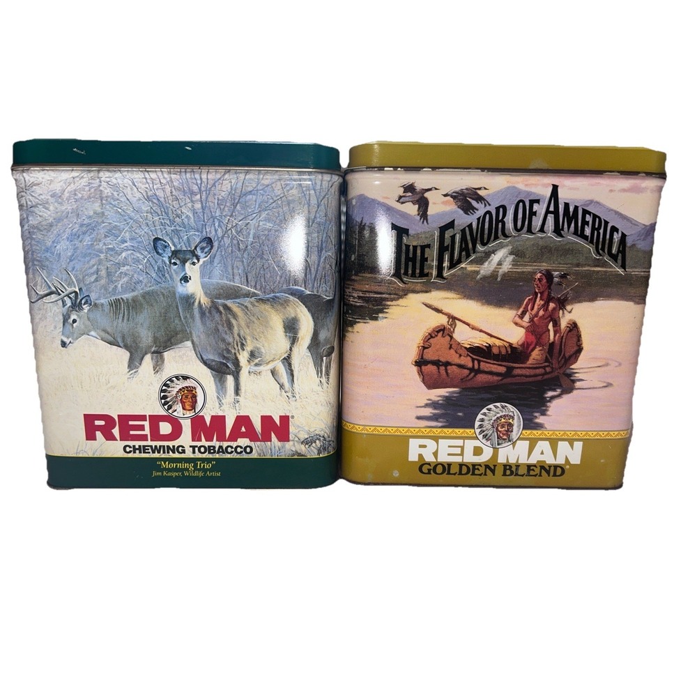 2 Vintage Red man Collectible chewing‎ tobacco tins 1992 & 1995